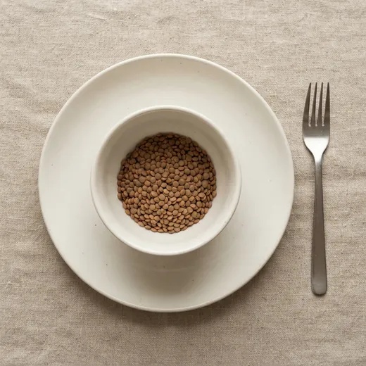 Brown or green lentils, 75&nbsp;g dry, on a plate